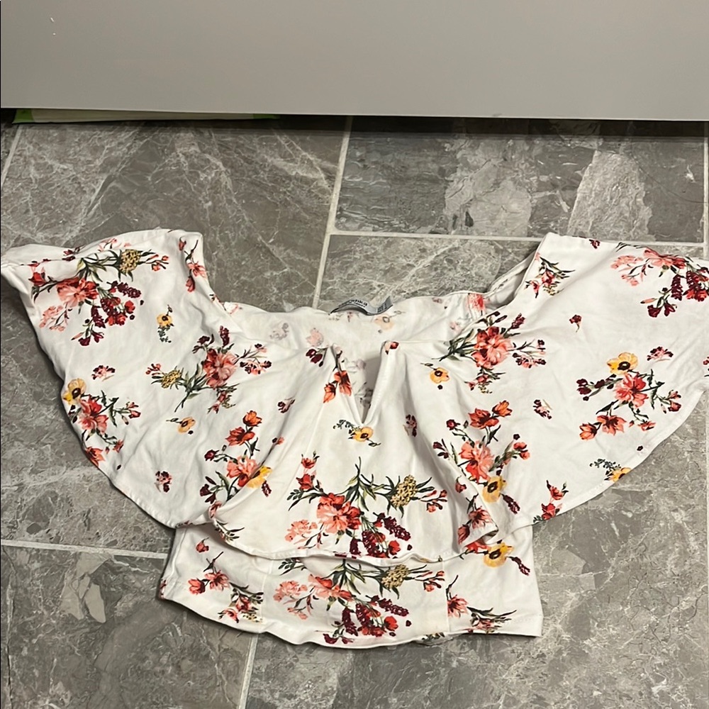 Bershka Floral Off-Shoulder White Top